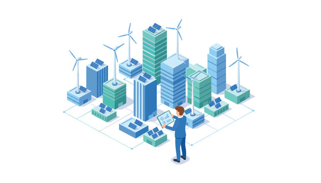 Businessman uses tablet to manage power generation in urban landscape with tall skyscrapers wind turbines and solar panels.