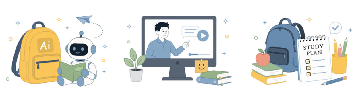 Vector Back to School Elements png. AI Education Cute Vector Sticker Set with Students, Robot Tutor, Online Learning.