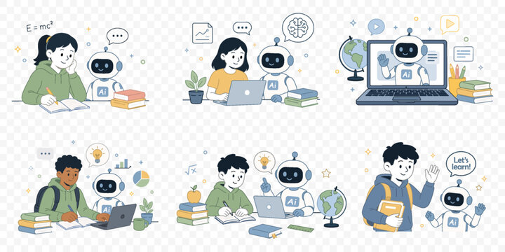 Vector Back to School Elements png. AI Education Cute Vector Sticker Set with Students, Robot Tutor, Online Learning.