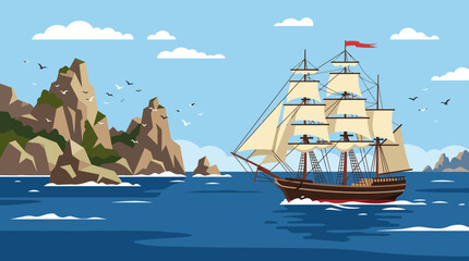 Vintage Sailing Ship Navigating Near Rocky Islands in the Ocean © Tid