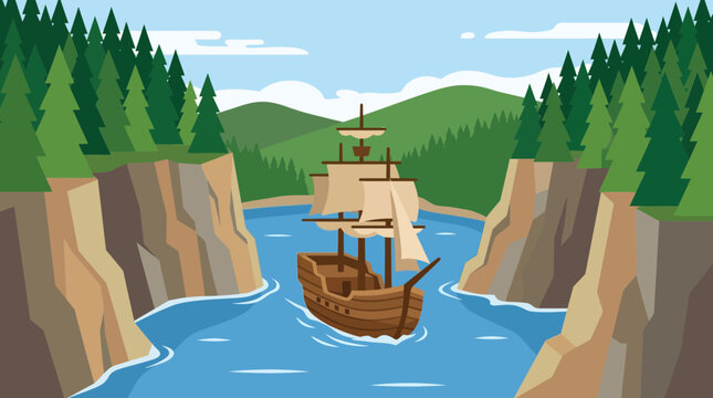 Vintage Sailing Ship Navigating Through A Narrow River Canyon