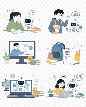 Vector Back to School Elements png. AI Education Cute Vector Sticker Set with Students, Robot Tutor, Online Learning.