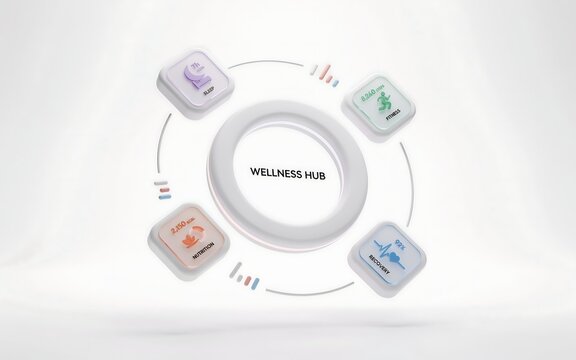 Wellness hub circular interface with four quadrants for sleep, fitness, nutrition, and recovery metrics on a clean white background