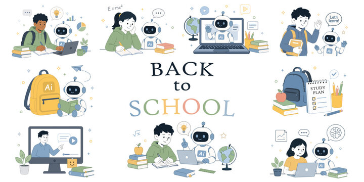 Vector Back to School Elements png. AI Education Cute Vector Sticker Set with Students, Robot Tutor, Online Learning.