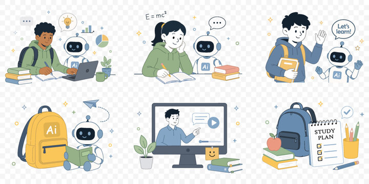 Vector Back to School Elements png. AI Education Cute Vector Sticker Set with Students, Robot Tutor, Online Learning.