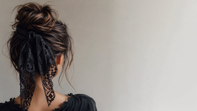A captivating close-up portrait showcases a person's hairstyle, featuring a dark bun adorned with a black ribbon and intricate lace detailing.