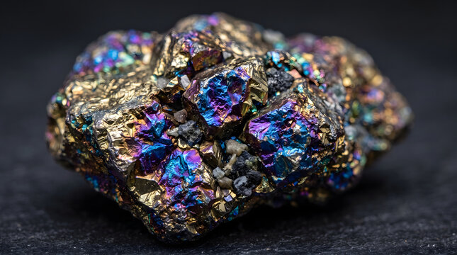 Iridescent Raw Chalcopyrite Mineral Specimen with Metallic Peacock Ore Crystals on Dark Background