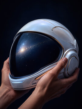 A white space helmet with a transparent visor in hands, set against a dark background resembling outer space.