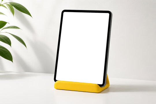The image depicts a tablet with a black frame resting on a yellow stand. The background is a plain, light-colored surface that provides no distractions from the main subject.