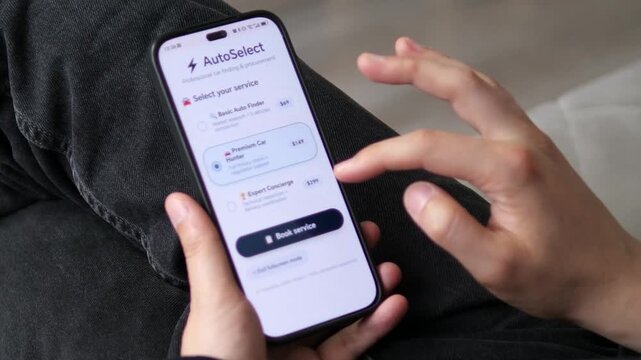 Smartphone booking process shows a customer hiring an expert car hunter, capturing the shift toward online vehicle search, trusted guidance and time-saving mobility services.