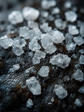 A close-up view of a textured surface covered with numerous small, white crystalline objects resembling salt or sugar granules, creating a random pattern.