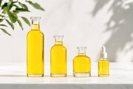 Four glass bottles filled with yellow liquid, arranged in descending order of size, showcasing a minimalist aesthetic and potential use for health and wellness products.