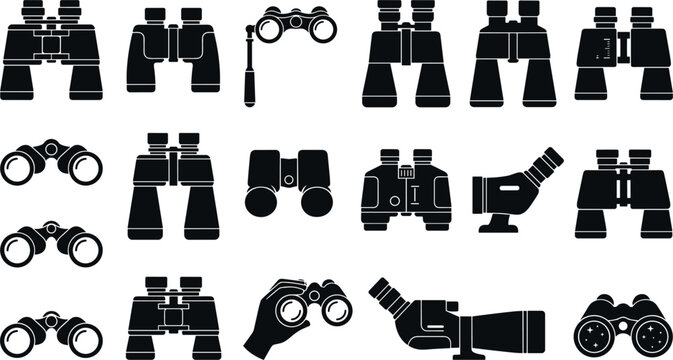 Binoculars and spotting scopes black silhouette icon collection featuring opera glasses military field optics hunting gear and hand holding binoculars graphic vector