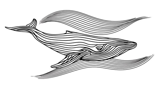 Minimalist whale line art illustration white background.