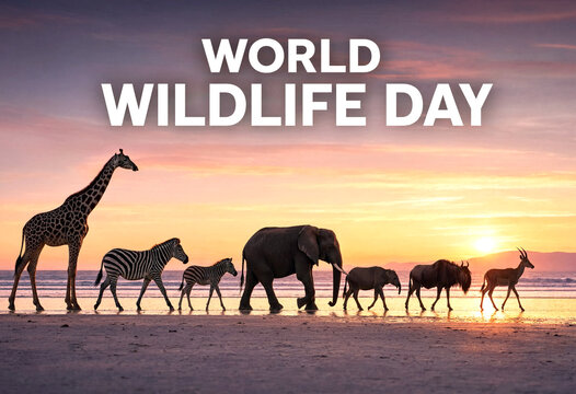 Beautiful wildlife scene with diverse animals walking along the beach during sunset on world wildlife day