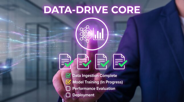 Business professional hand touching holographic data drive core interface with artificial intelligence model training and deployment status