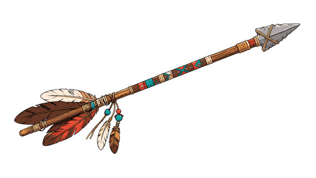 Decorative feathered arrow with stone tip isolated on white