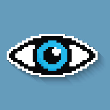 Human eye pixel art icon with long shadow sticker 8 bit vector for computer game logo