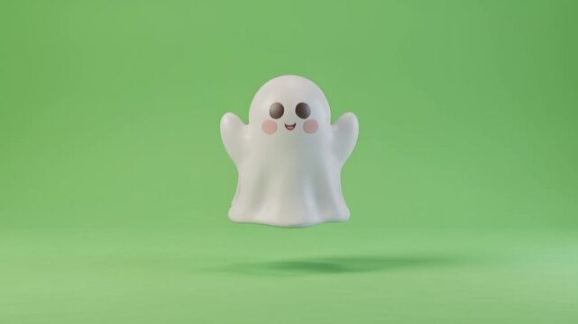 White cartoon ghost character floating over solid green background for Halloween