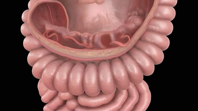 Detailed 3D medical illustration of human large intestine anatomy showing internal structure and blood vessels