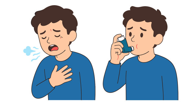 Cartoon man coughing and using an inhaler illustration