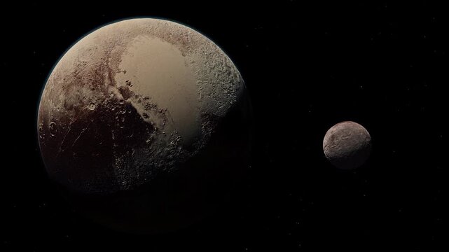 Dwarf Planet Pluto with Charon
Animation of dwarf planet Pluto slowly rotating in deep space alongside its dwarf companion Charon. Animation based on NASA Footage.