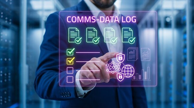 Professional hand touching comms data log holographic interface in server room
