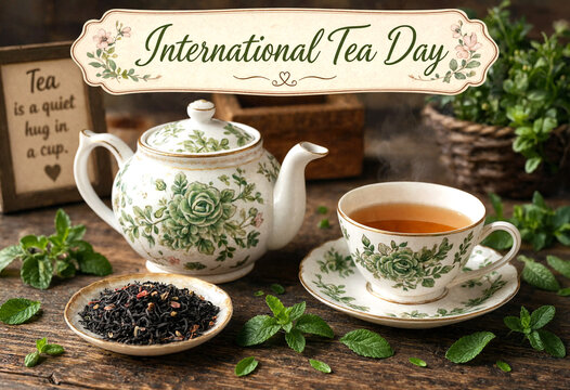 Beautiful vintage teapot and teacup with fresh mint leaves celebrating international tea day tradition