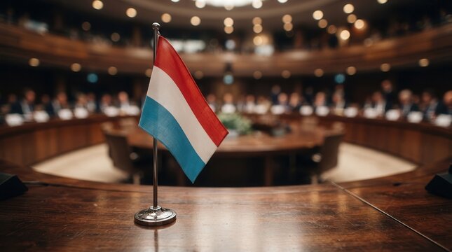 National representation of Luxembourg through a flag on a conference room table.