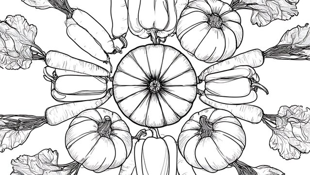 Hand drawn pumpkins and vegetables white background.