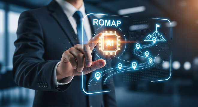 Businessman interacting with a digital holographic interface showing an artificial intelligence roadmap and strategic goals.