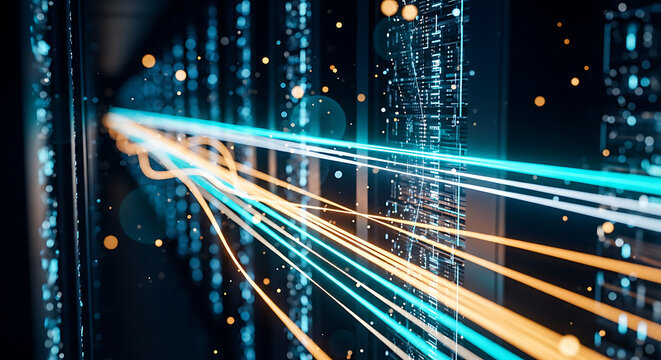 High speed fiber optic data transfer through a modern server room infrastructure.