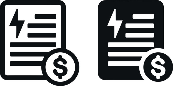 Electricity Utility Bill Statement Icon Set Featuring Energy Power Invoices Lightning Bolt Symbol and Dollar Coin Sign for Business Financial Accounting Expense Apps