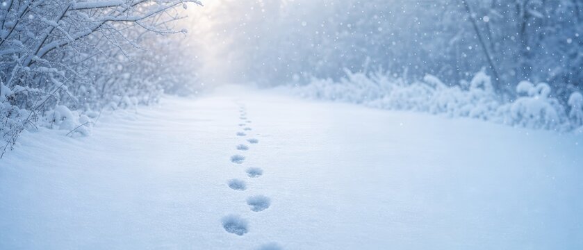Footprints in the snow on a serene winter day with soft light and snowfall in a quiet forest landscape