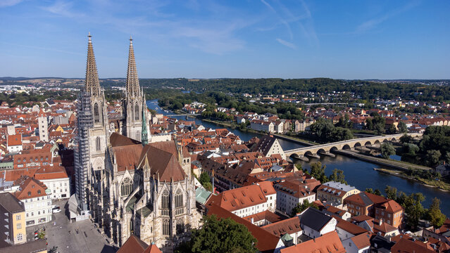 Aerial View of Regensburg with St. Peter's Cathedral &ndash; Historic Cityscape in Upper Palatinate, Bavaria, Germany