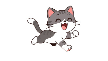 Cute gray tabby cat cartoon running with happy expression