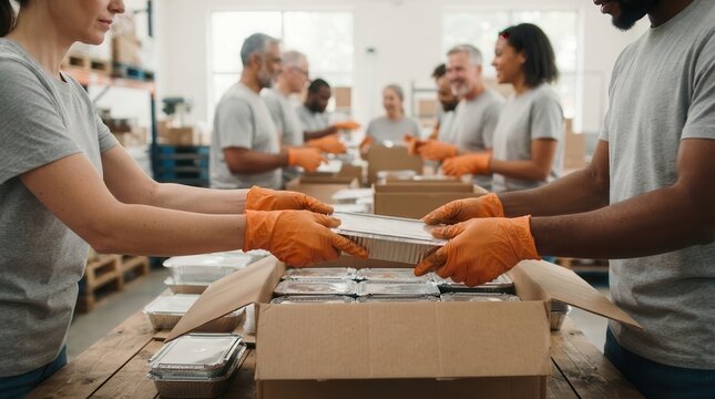 Community initiative showing volunteers preparing and packing meals for distribution.
