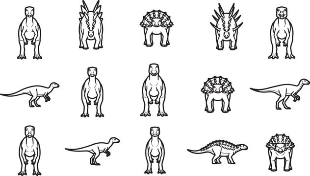A collection of black and white vector illustrations depicts various types of dinosaur figures, showcasing different species in a simple, stylized graphic art style.