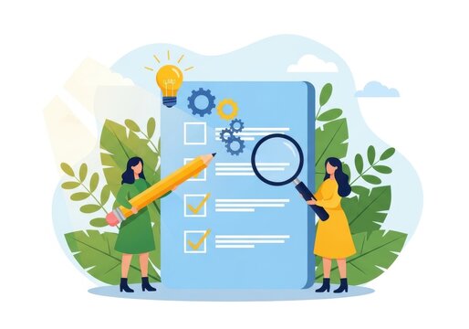 Business women checking a todo list with a pencil and magnifying glass