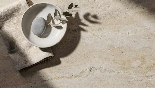A minimalist flat lay of a ceramic bowl with a stone and eucalyptus on a textured stone surface.