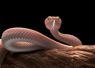 Fototapeta premium Mangrove Pit Viper (Trimeresurus purpureomaculatus) Coiled on a Wooden Branch