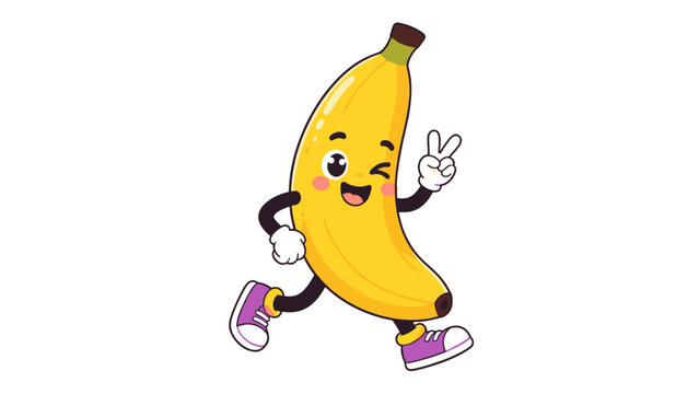 Cute cartoon banana character running with peace sign gesture