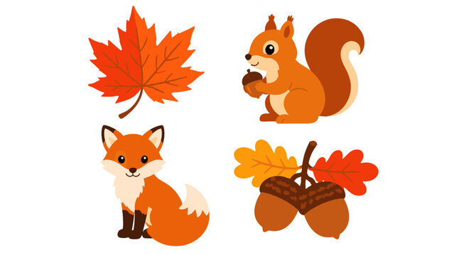 Autumn animal and leaf vector set with fox squirrel and acorns