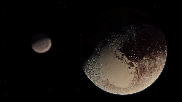 Dwarf Planet Pluto with Charon
Animation of dwarf planet Pluto slowly rotating in deep space alongside its dwarf companion Charon. Animation based on NASA Footage.