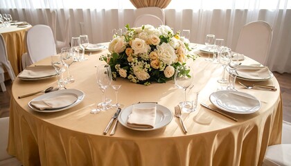 Fototapeta premium A round dining table set with gold tablecloth, floral centerpiece, and fine china