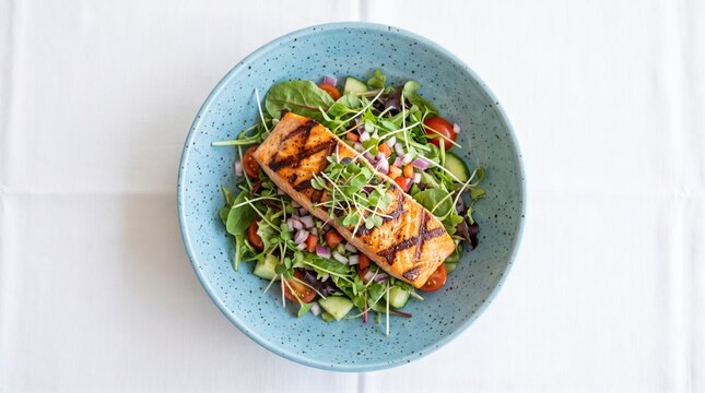 Grilled salmon fillet served over fresh mixed greens salad in speckled blue ceramic bowl top down view