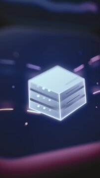 Fingertip Above Glowing Isometric Server Rack Icon On Dark Phone Screen Macro