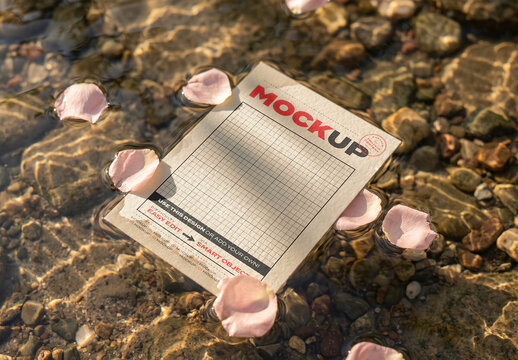Page Floating with Petals on Pond Mockup