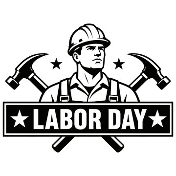 Vintage labor day illustration featuring a construction worker with crossed hammers and a banner on a white background