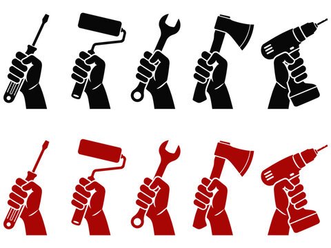 Collection of hands holding various construction tools in black and red silhouettes against a white background for repair and maintenance concepts